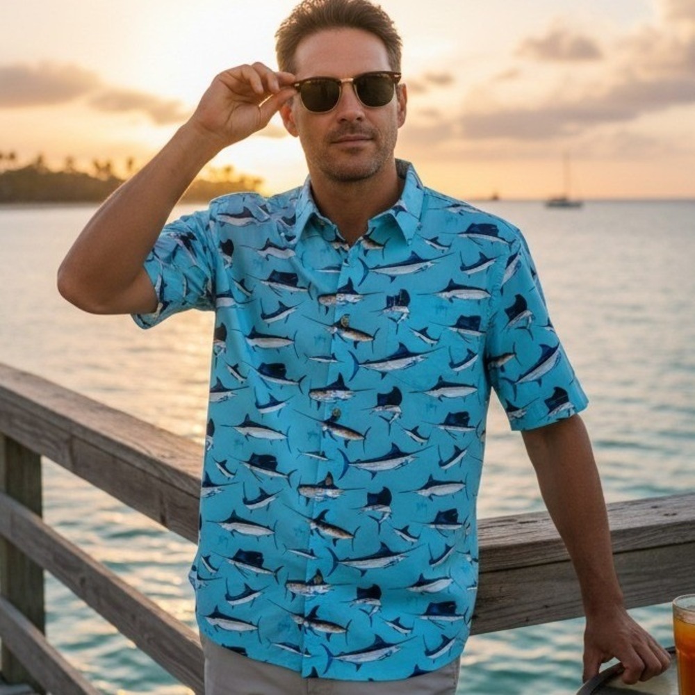 Guy Harvey Blue Billfish Shirt Men' L Tropical Resort Wear Nautical Grandpacore